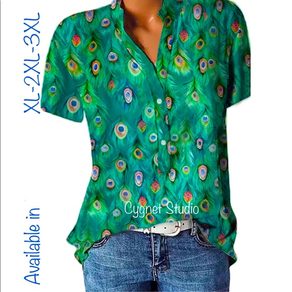 3XL - Stunning Peacock Feather Plus Size V Neck Button Down Blouse - Picture 1 of 9